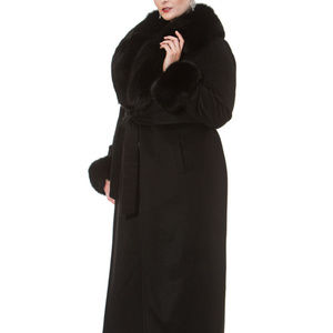 Long Cashmere Coat with Black Fox Trim Plus Size